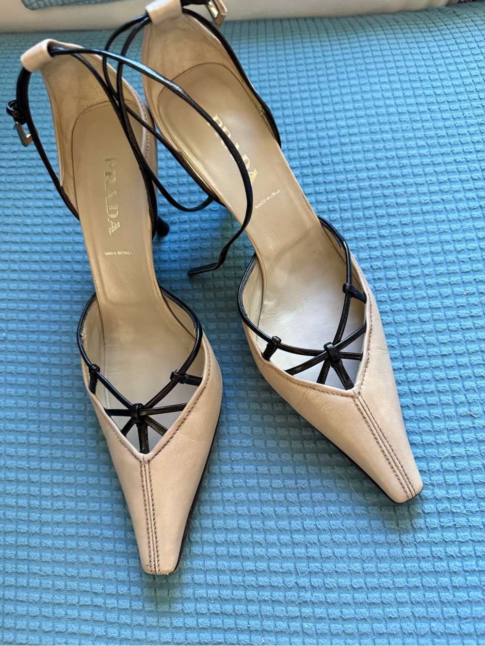 Prada Cream Pointed Slingback Heels with Black Strap Detail